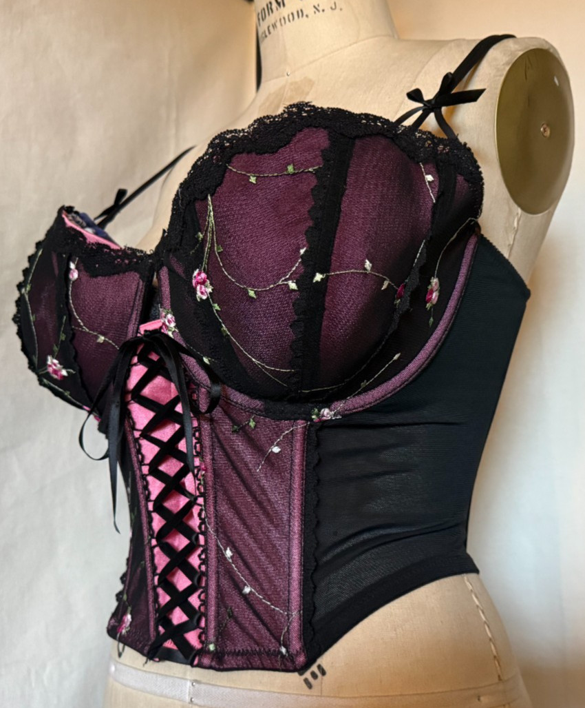 LACE FRONT CORSET BUSTIER „ENCHANTED” SHEER BLACK NYLON w EMBROIDERED CUPS 42DD