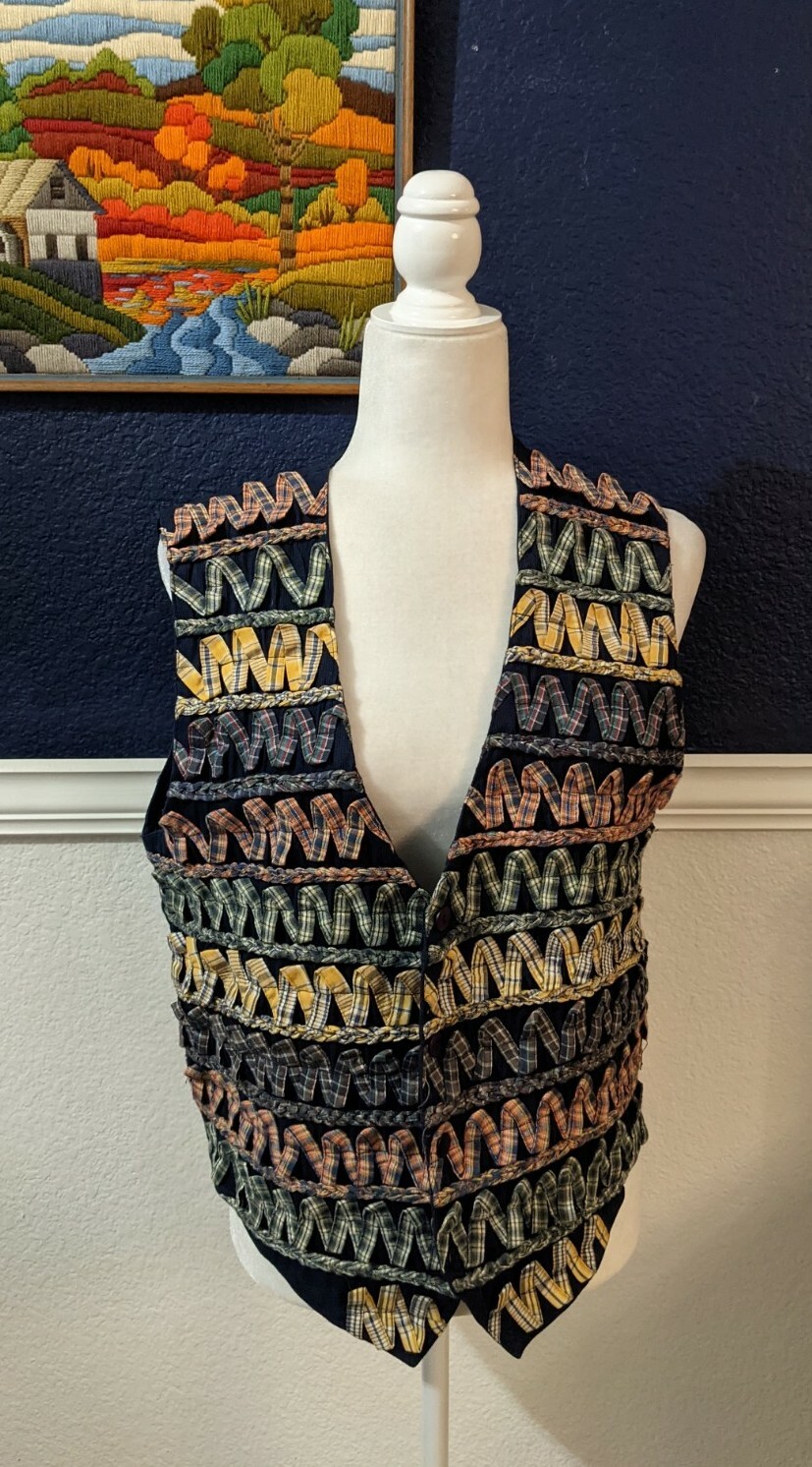 VTG Paul Harris Design Quilted Ribbon Trim Embellishment Tapestry Vest Sz Large
