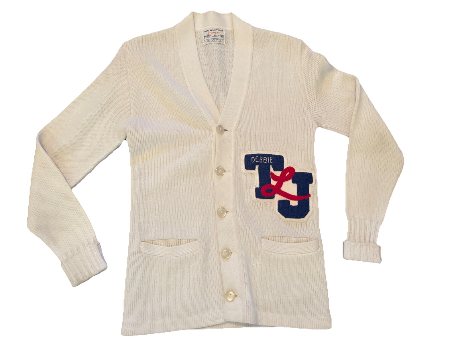 Vtg BRISTOL PRODUCTS Official Award SWEATER White Letterman Cardigan Unsized