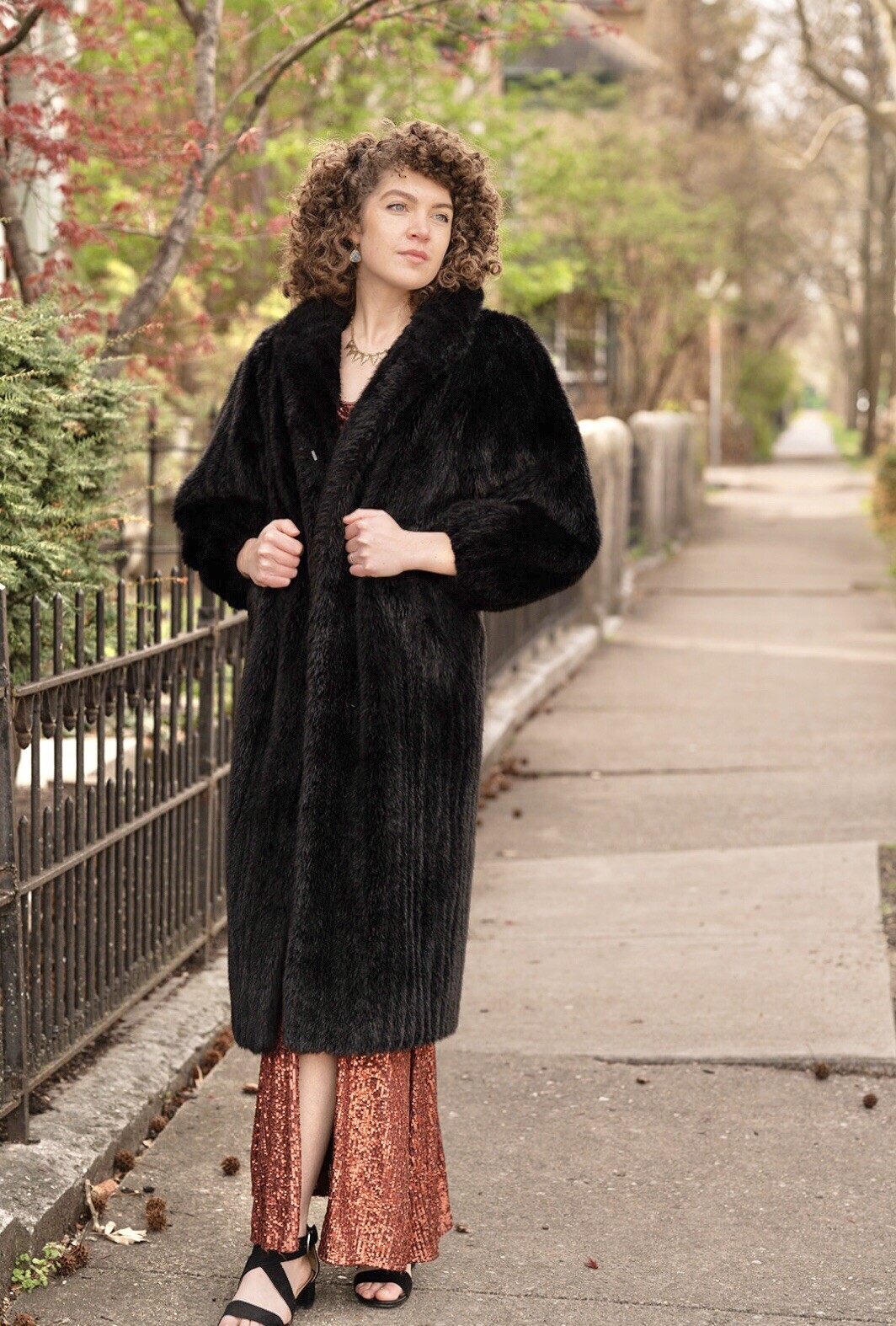 80’s Glamour Black Ribbed Faux Fur Coat, Canada