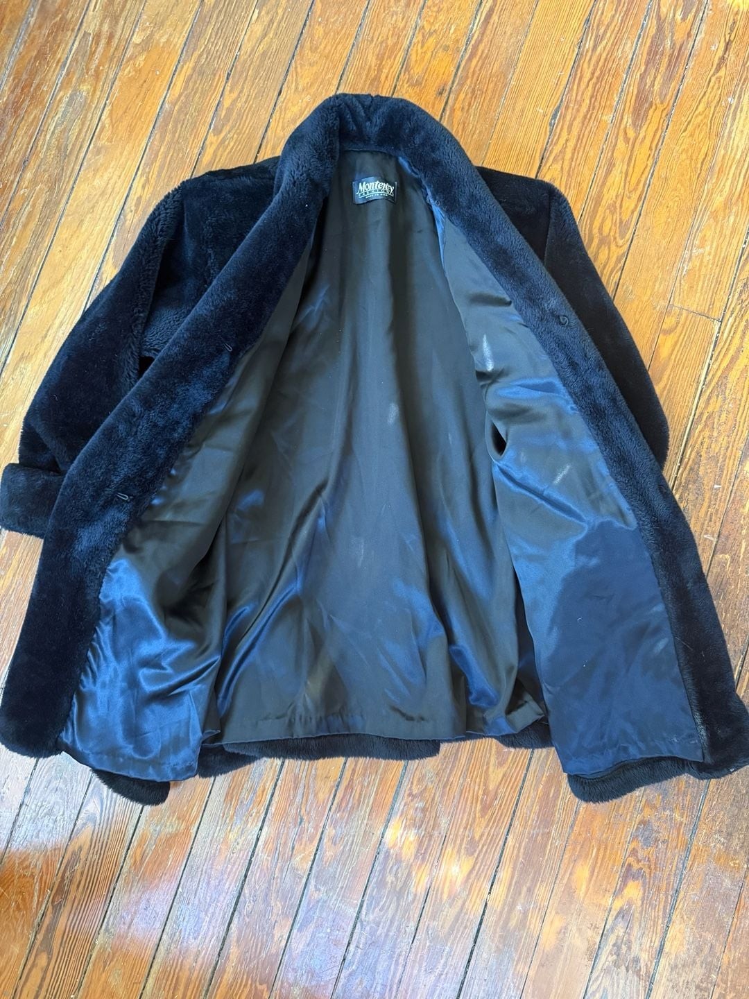 Monterey Fashions Vintage Black Faux Fur Shawl Collar Coat