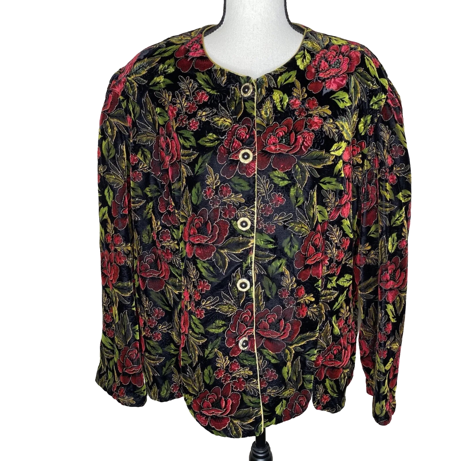 Vintage R&K Evening Wear Women’s Velvet Black/Gold/Red Floral Jacket