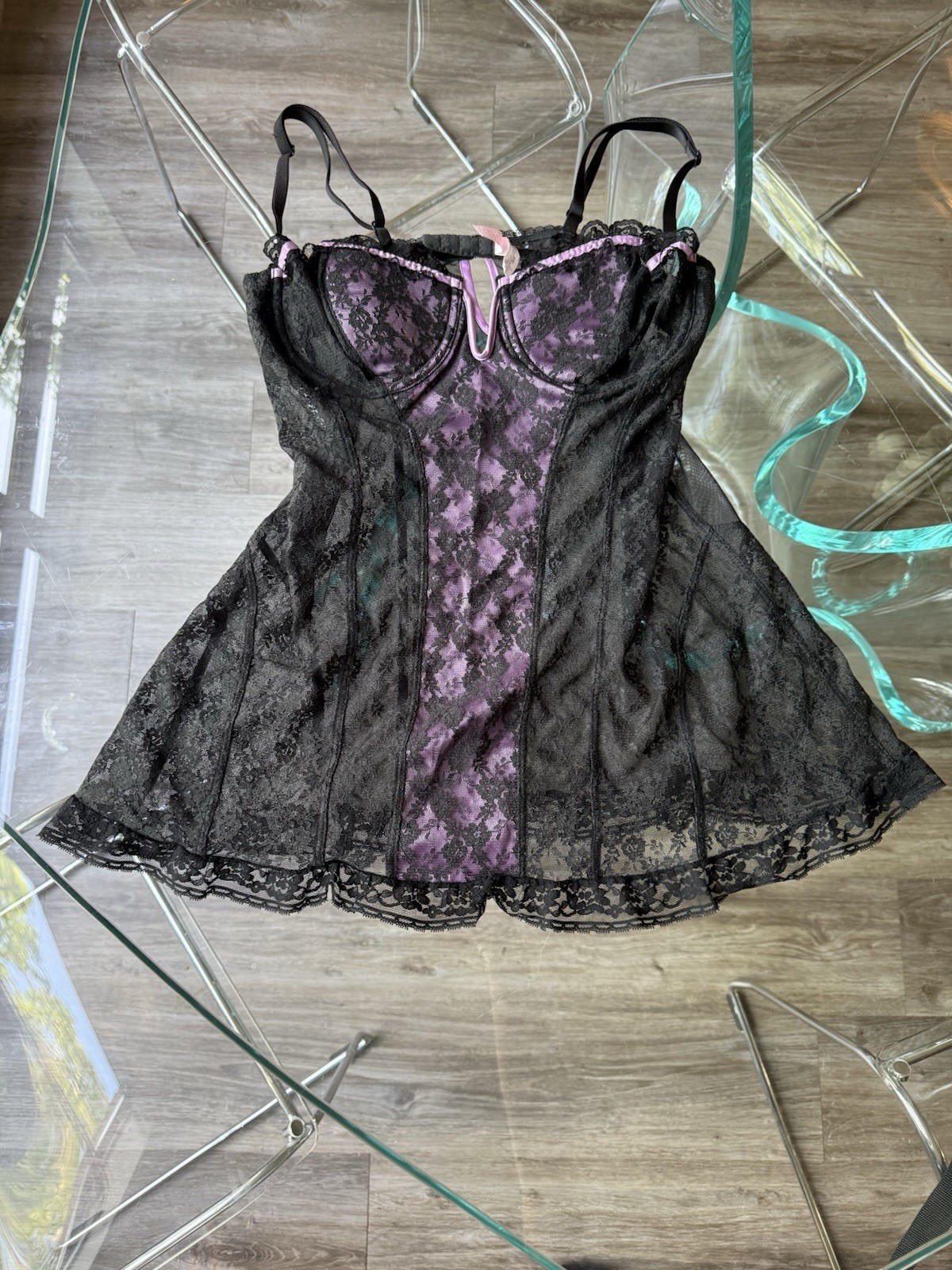 Vintage Victoria’s Secret Purple Black Lace Lingerie Chemise Slip sz 36C