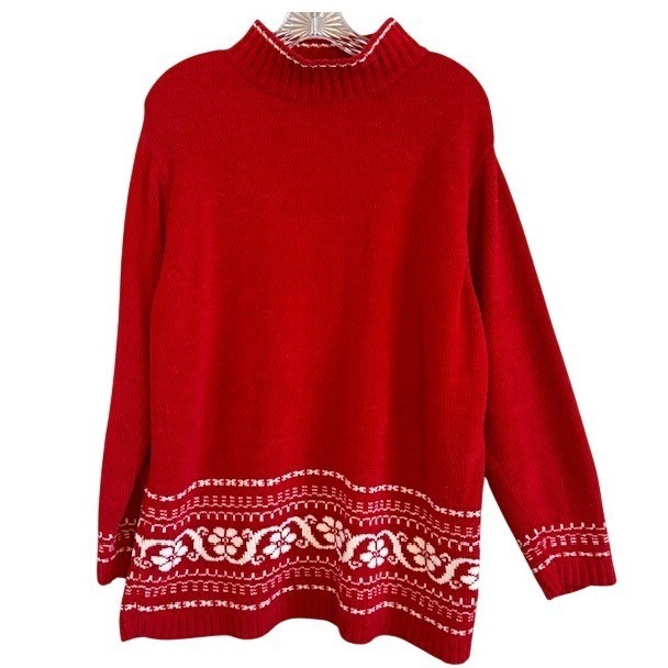 Vintage White Stag Women’s Red Knit White Floral Pattern Sweater XL 16/18