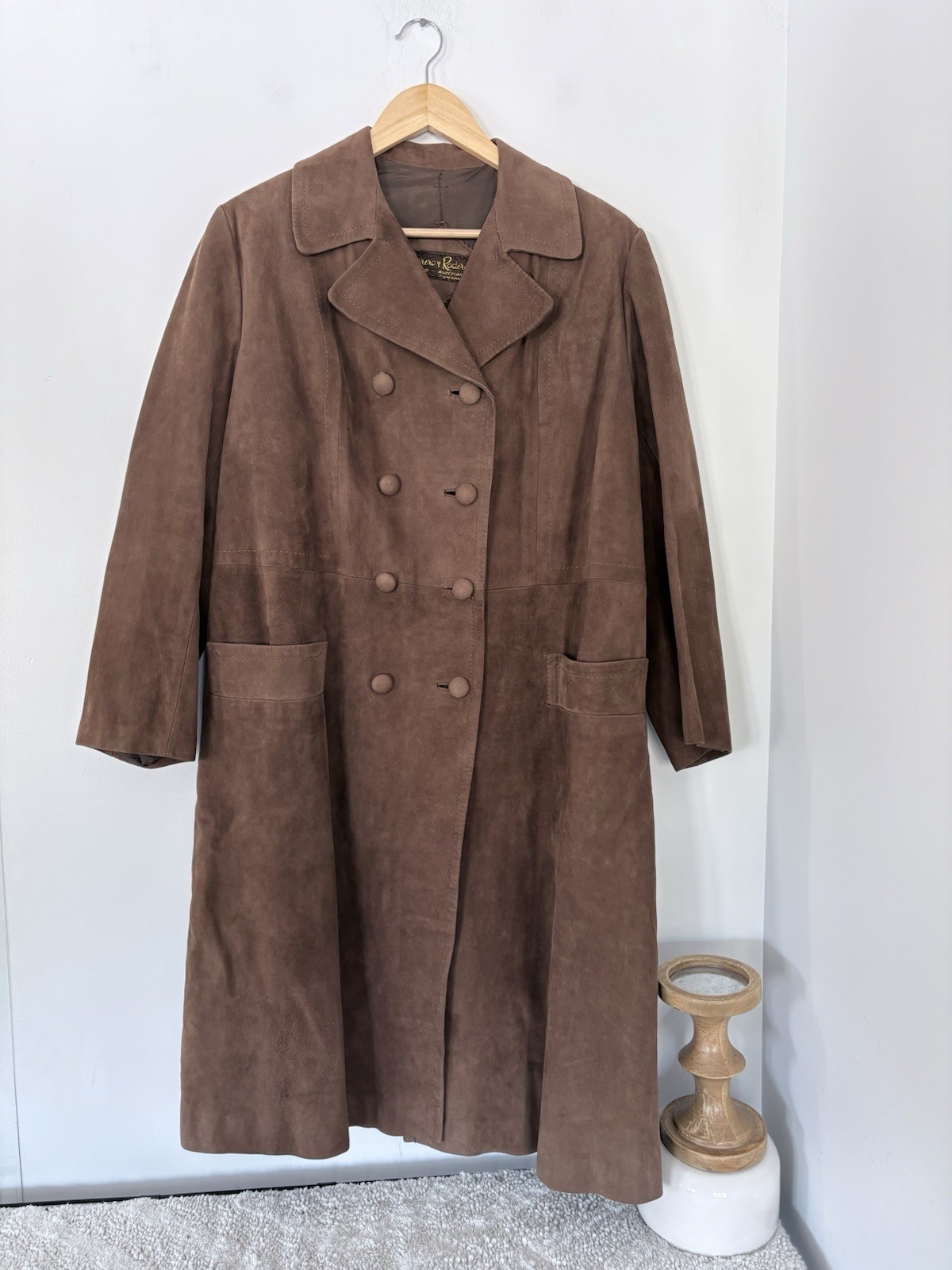Vintage HERRERO Y RODERO Suede Leather Long Coat Button Sz L 60s 70s Barcelona