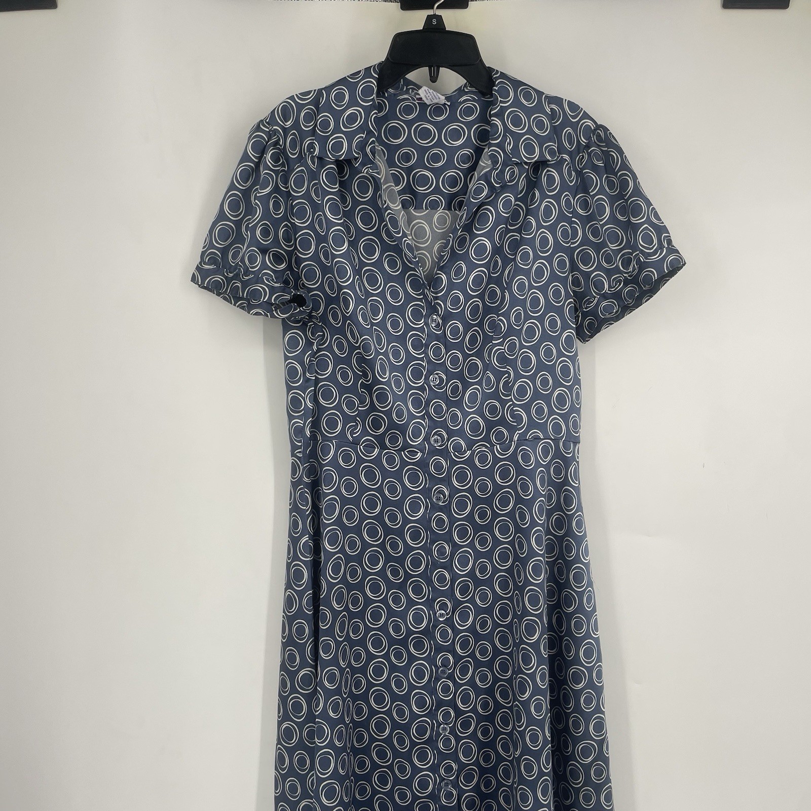 Vintage 70s JG Hook 12 Petite Blue Polka Dot Satin Midi Dress Pinup Mod Gogo