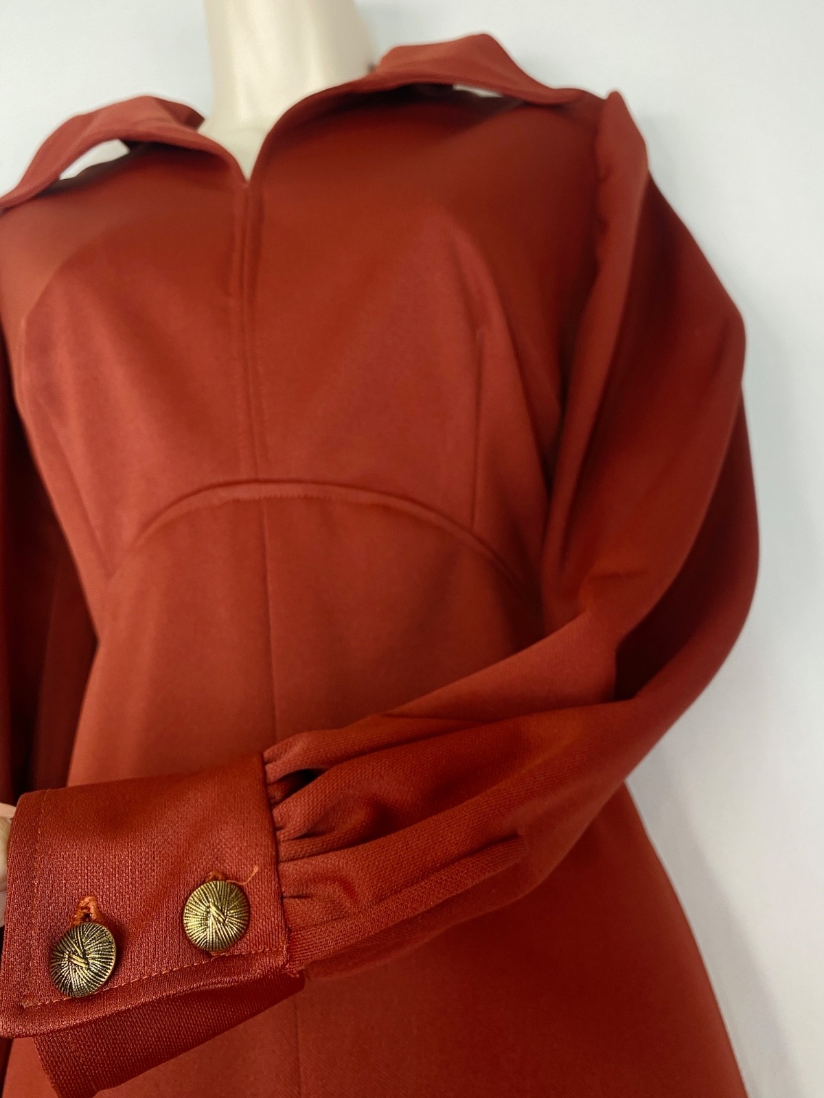 Vintage 1970s rust brown dress M L long sleeves collar red burnt orange A line