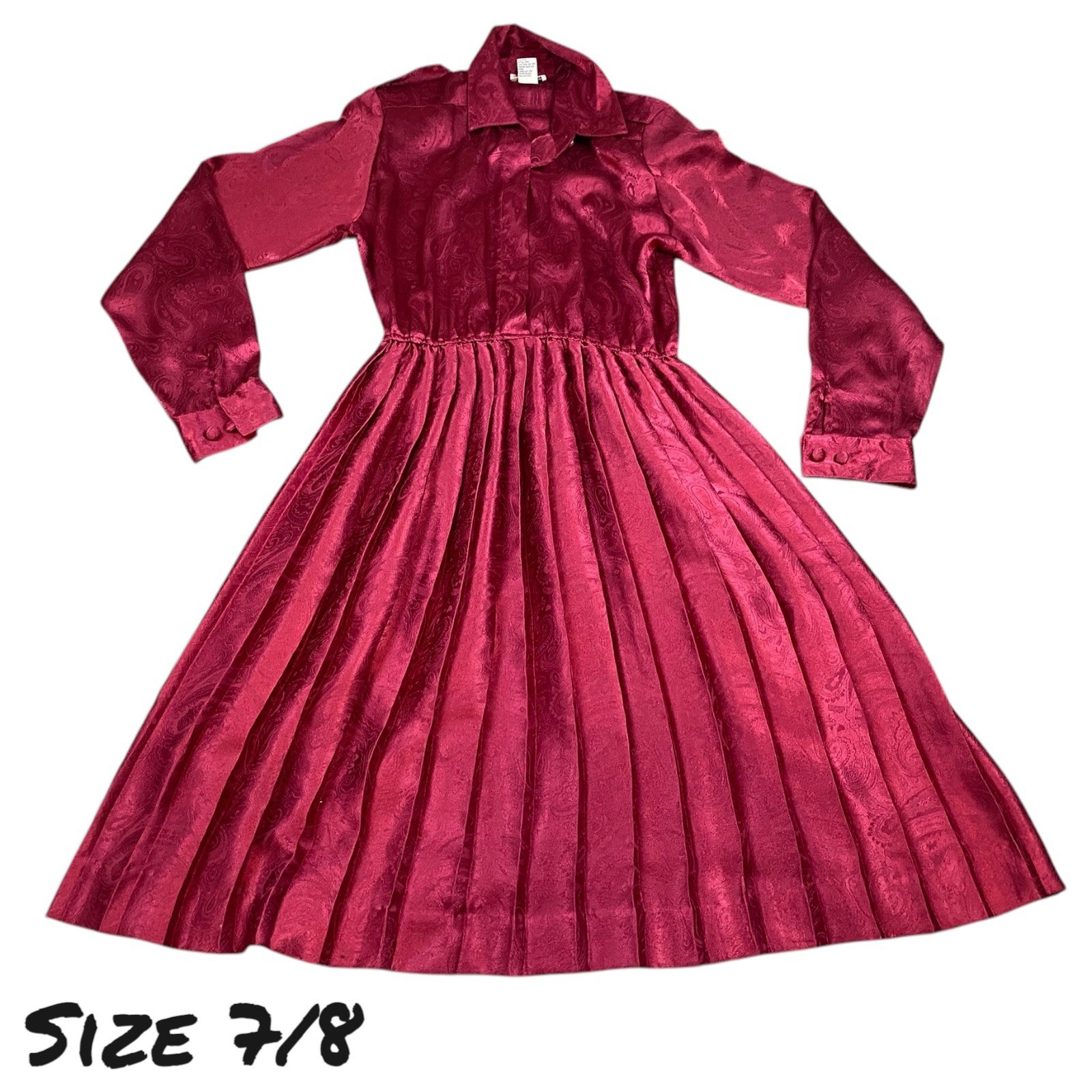 VTG 80s Impromptu Maroon Paisley Pleated Maxi Dress Size 7/8 SMALL Long Sleeve