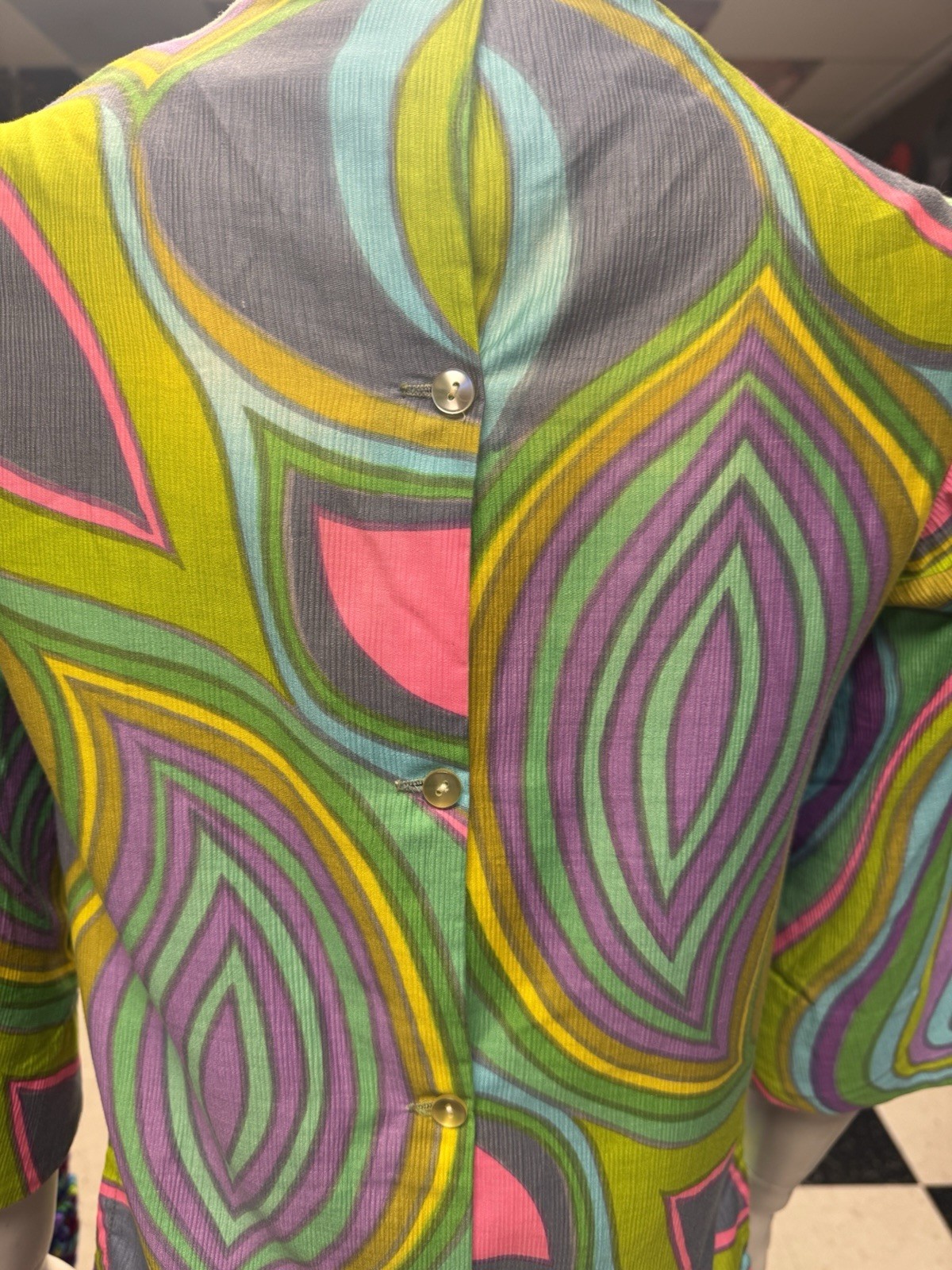 1960s Handmade Psychedelic Top With Back Buttons Mid Bell Sleeves
