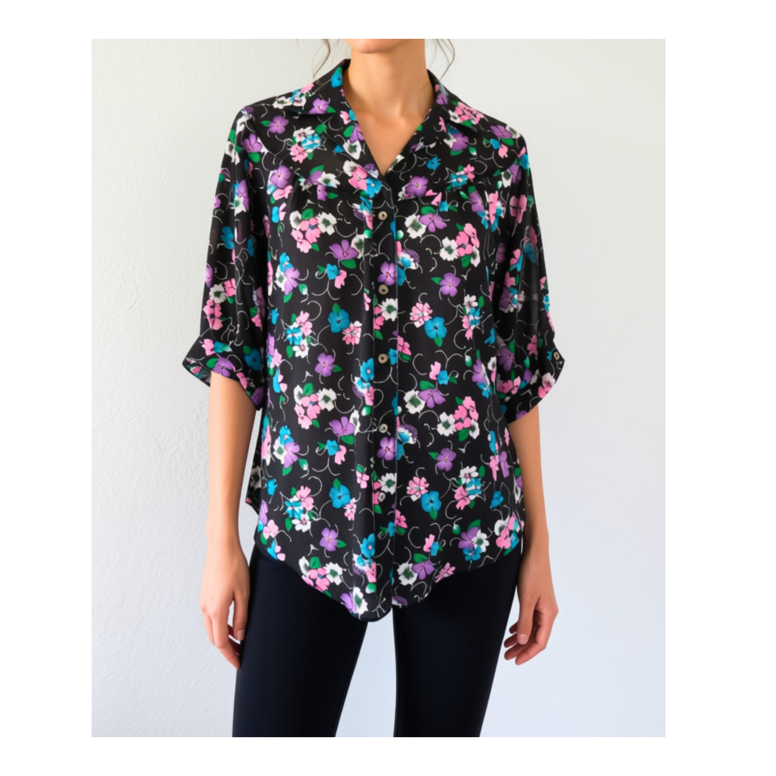 Vintage 1970s Sheer Floral Blouse – Black Button Down Shirt – 70s Boho Top