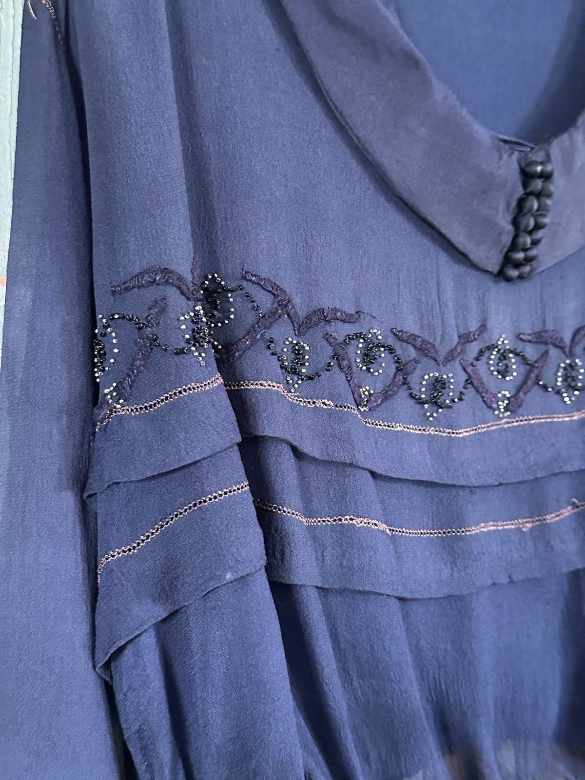 1920s 1930s crepe silk beaded appliqué sailor collar dainty sheer blouse