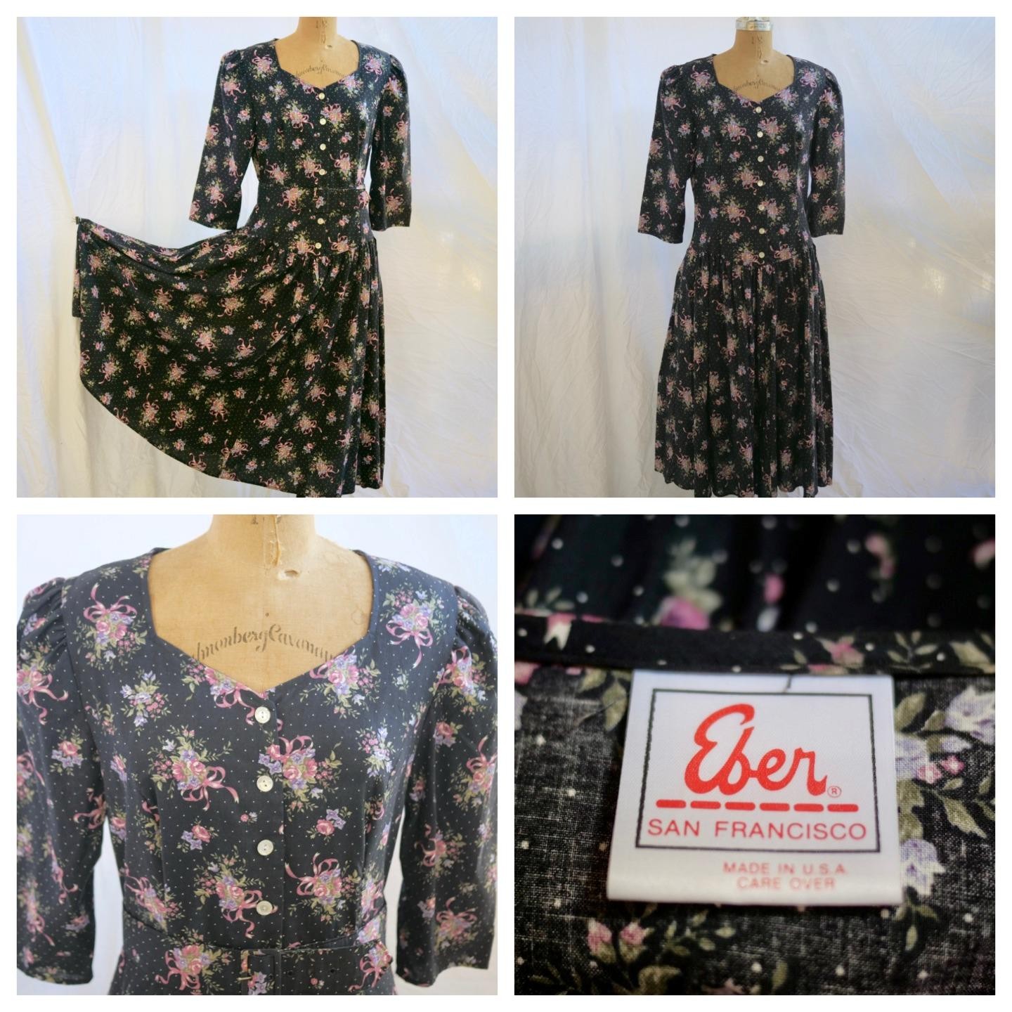 vtg 80s EBER San Francisco Floral Drop Waist Full Skirt Dress Cottagecore 13/14