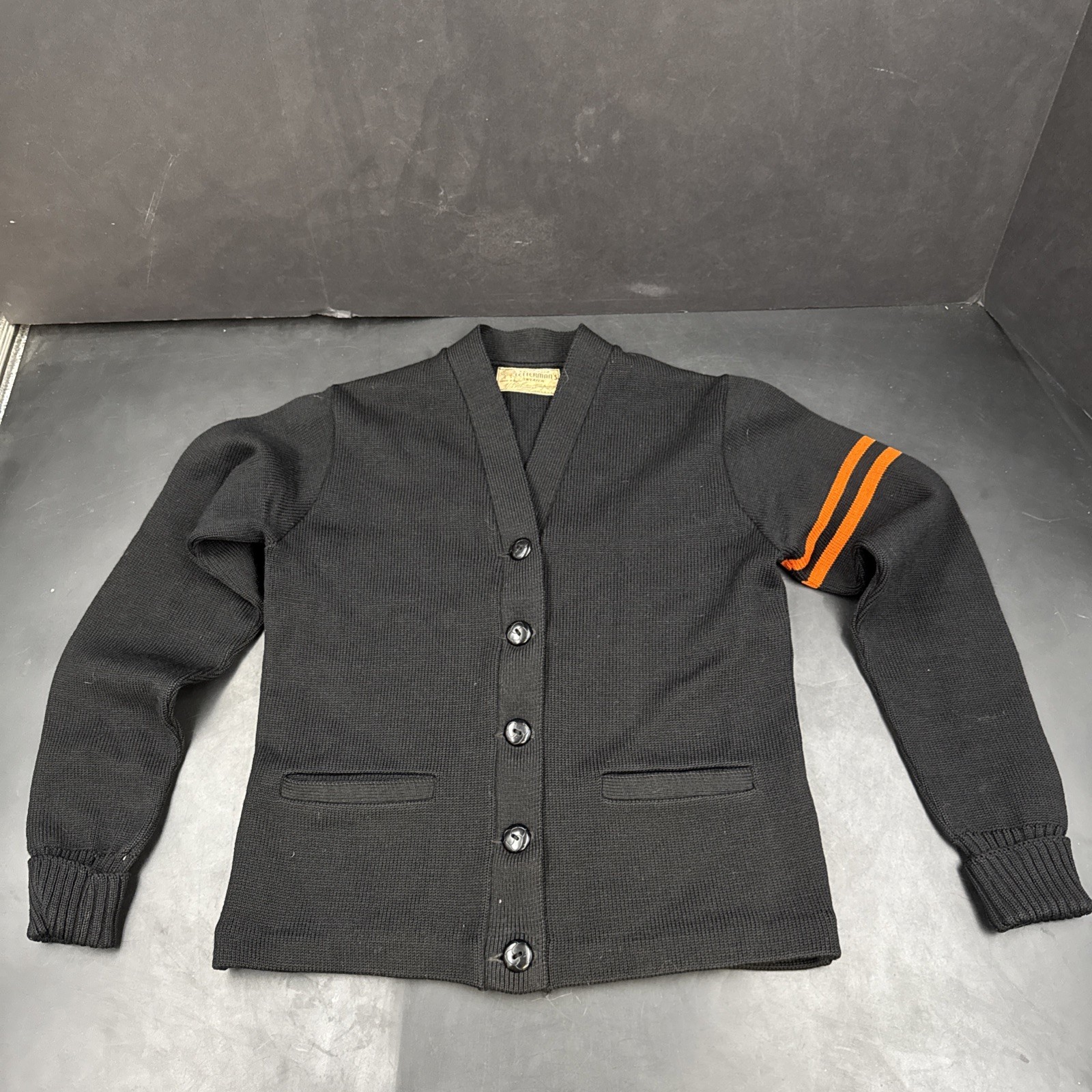Vintage 50s Whiting Co Letterman Cardigan Black Orange 100% Wool Tigers Douglas