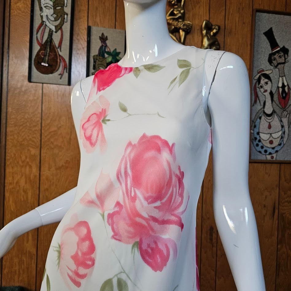 Vtg 90s Y2K Romantic Preppy Grunge Spring Fairy Chiffon Floral Slip Dress S/M