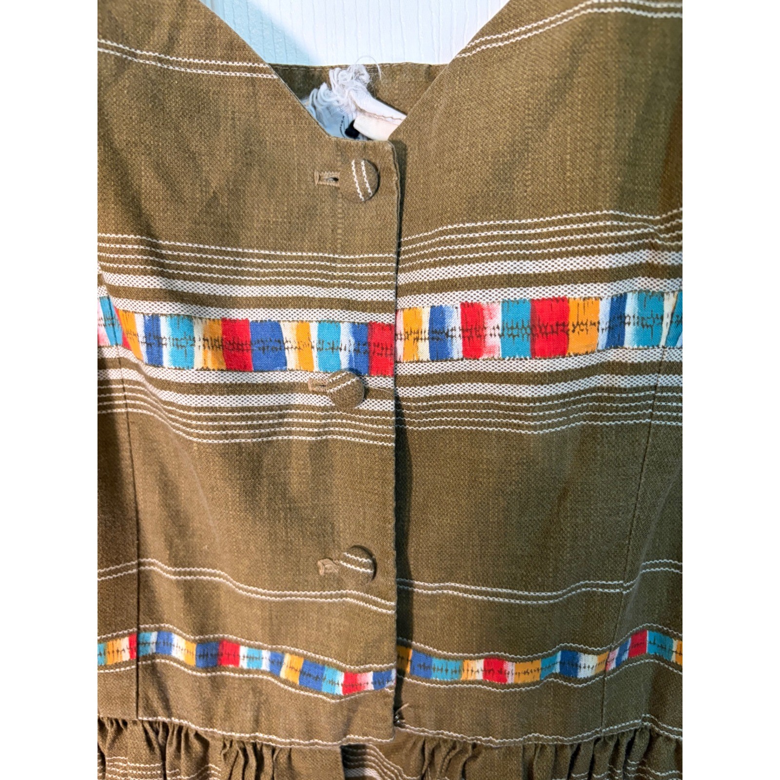 Vintage Coco California Olive Brown Multi Color Stripe Button Front Sun Dress