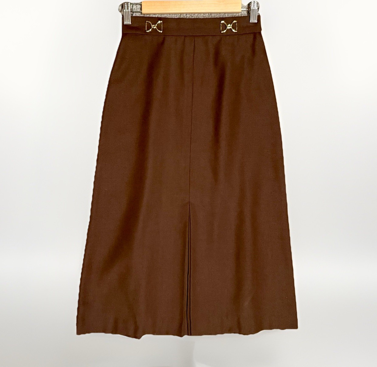 Vintage 70s Custom Brown High Waisted Aline Retro Midi Skirt Slit Secretary S