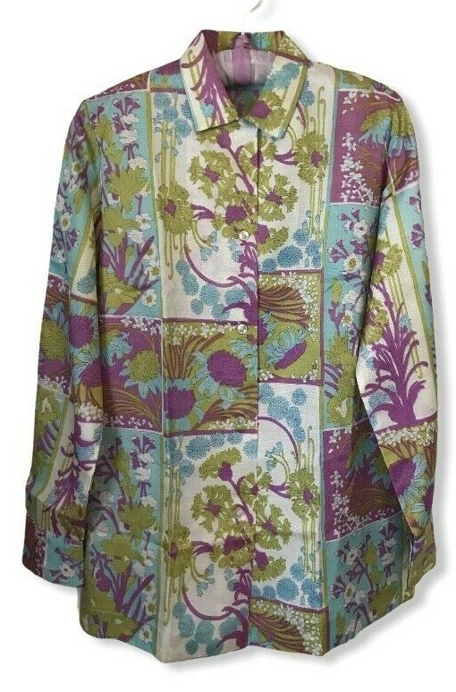 vtg 1960s 1970s LADY ARROW Floral Long Sleeve Secretary Blouse Womens SZ 12 Med