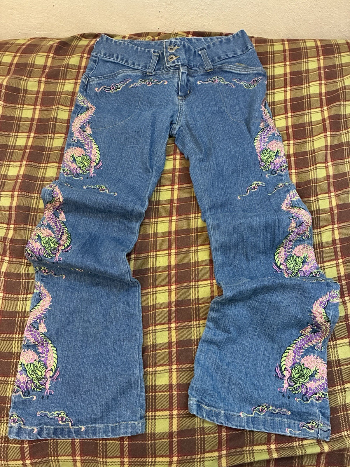 Vintage Y2K Suzanne Sommers Flare Boot Cut Dragon Embroidered Jeans Size 6