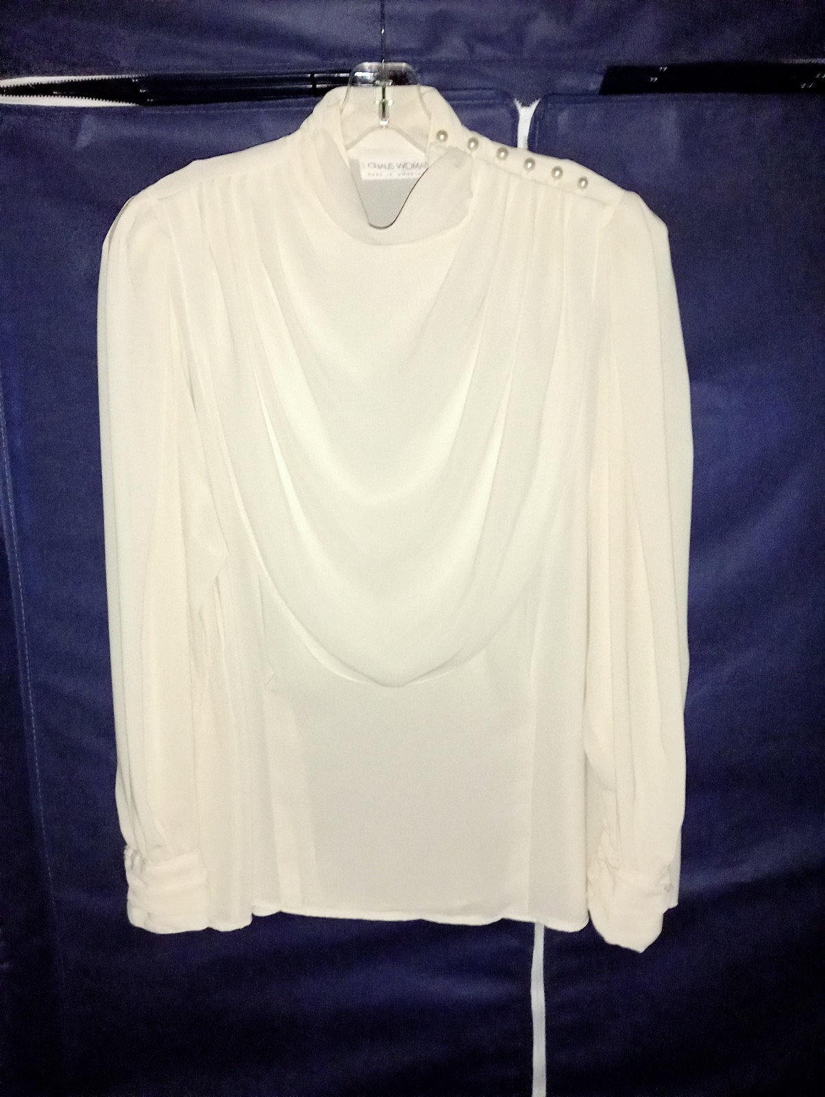 Vtg 90’s Chaus Woman Top 36 Ivory Pleated draped front pearls