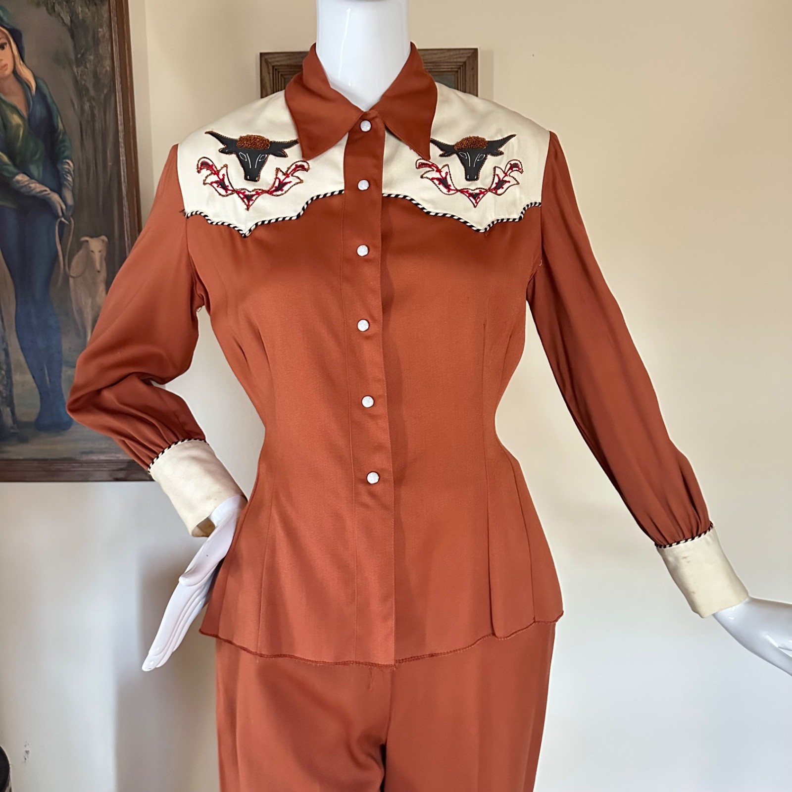Vtg 1940s Embroidered Ranch Maid Western Wear 2 PC Shirt Pants Suit Rockabilly S