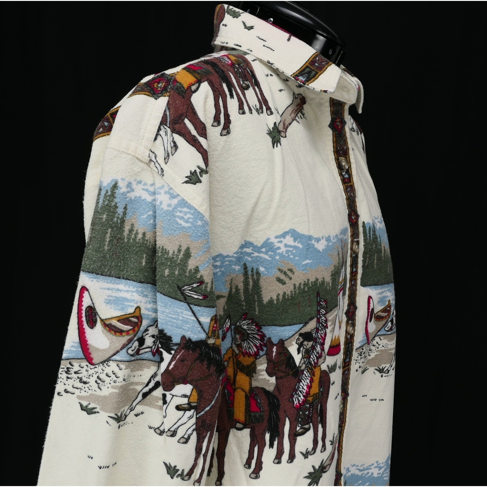 VTG Woolrich Womens L Flannel Shirt Native American Scene USA Made Clean RARE