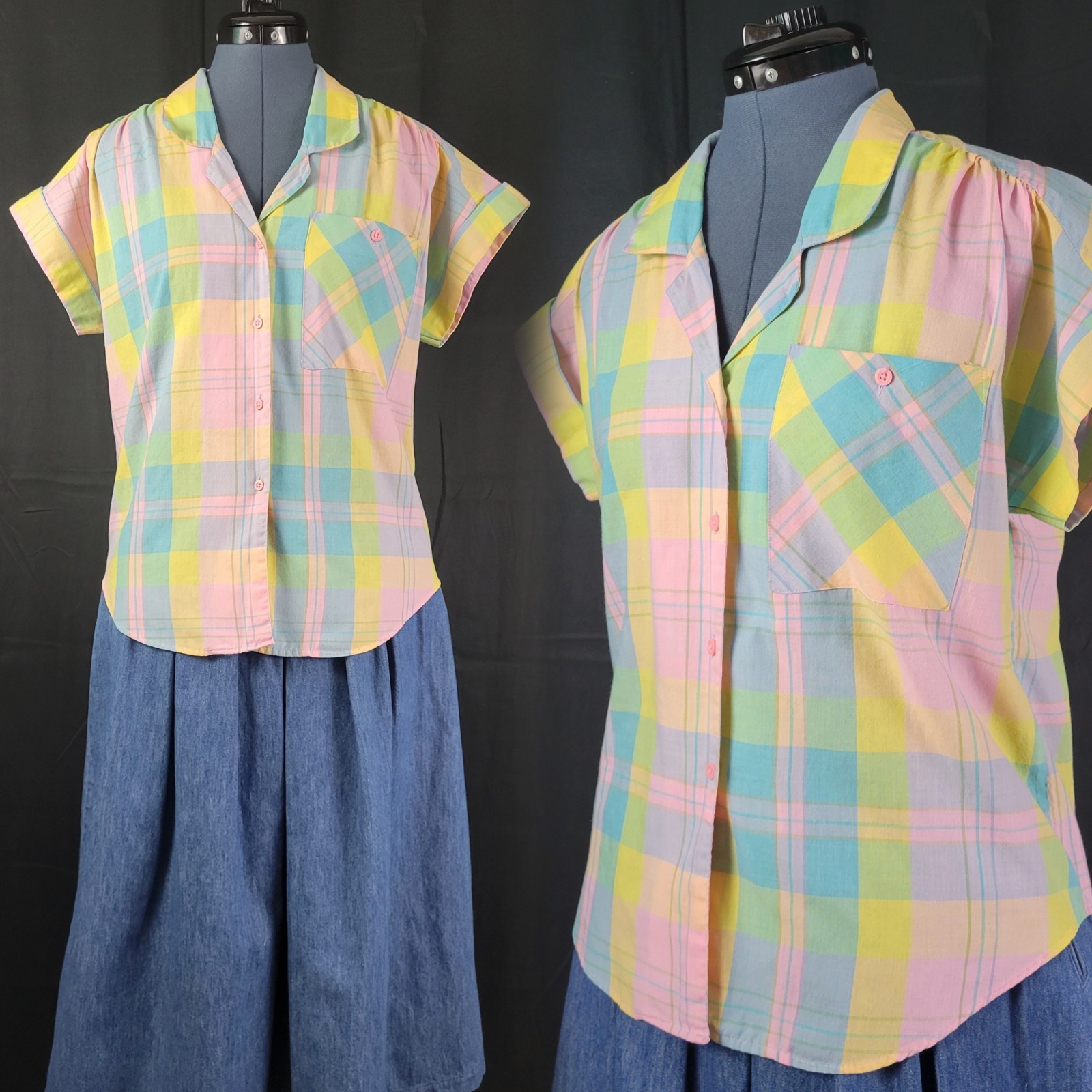 Vintage JB Collectibles Pastel Plaid Button Down w Cuffed Sleeves Size 12