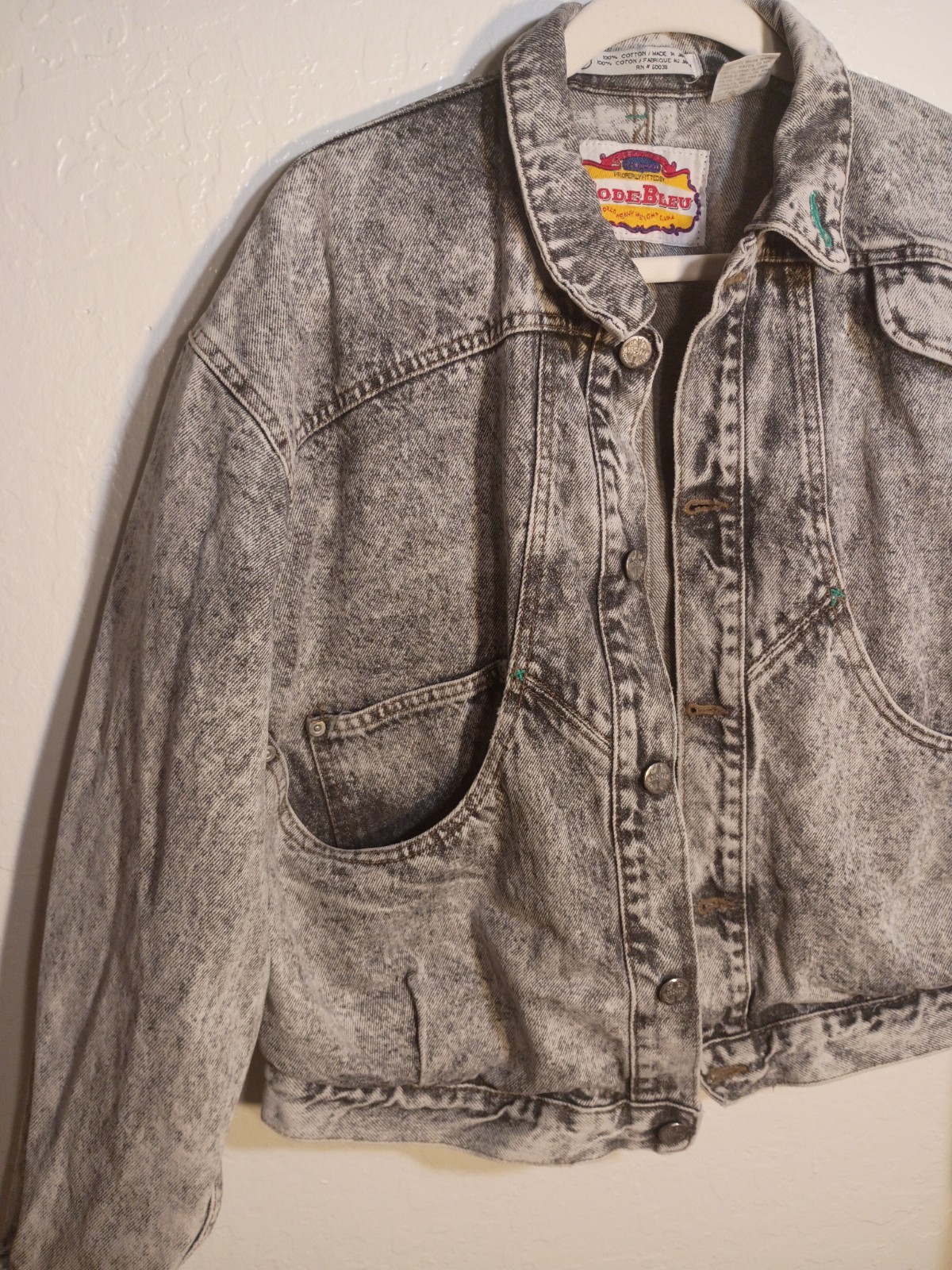 VTG Code Bleu Denim Jacket M 80s 90s Acid Wash Gray Black Cropped Made in