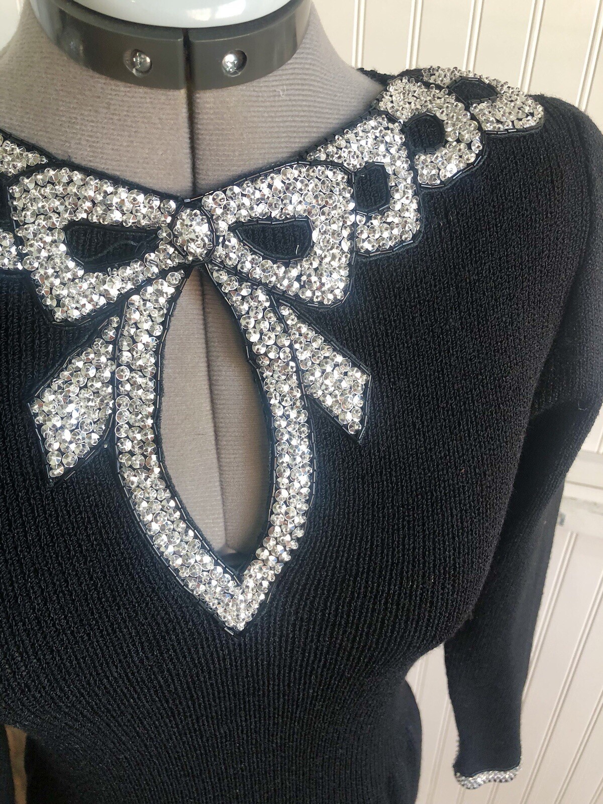 Vintage Black Knit Don Sayers For Wellmore Dress Silver Sequin Bow, *New Year’s