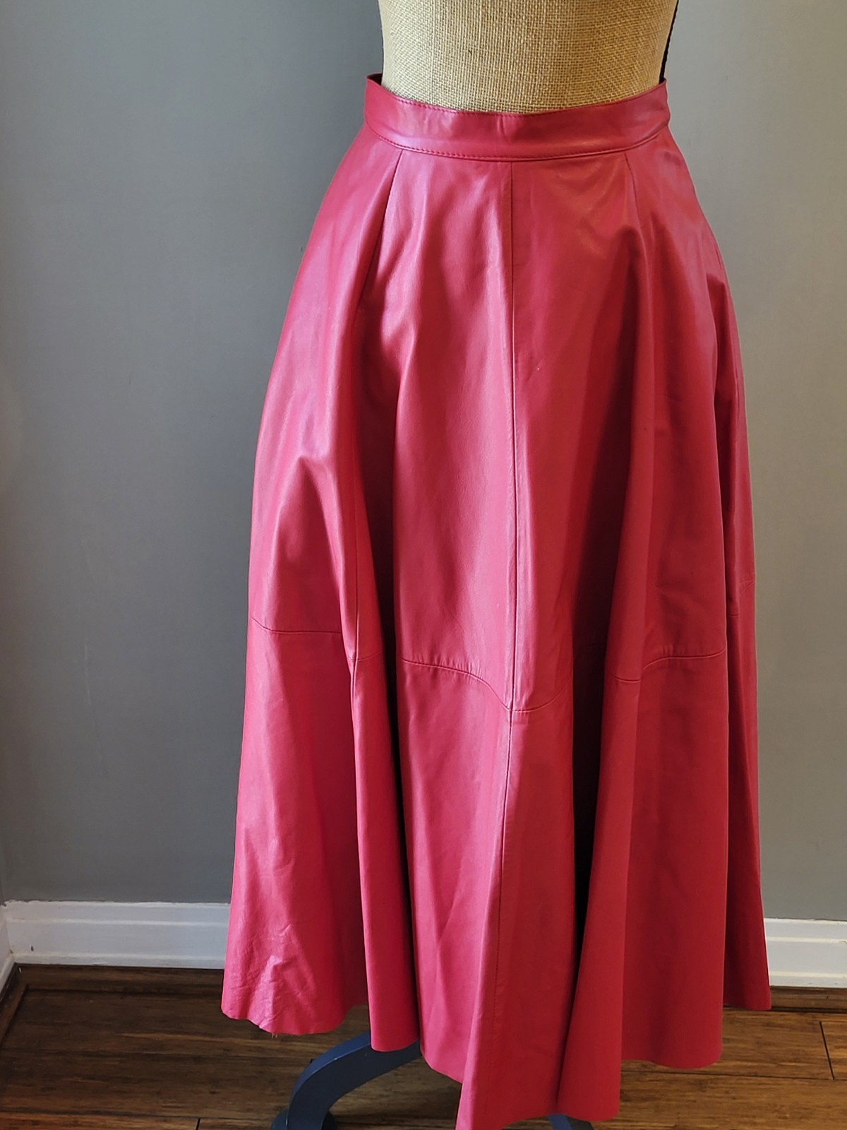 Red Leather 80s Full Maxi Skirt Small