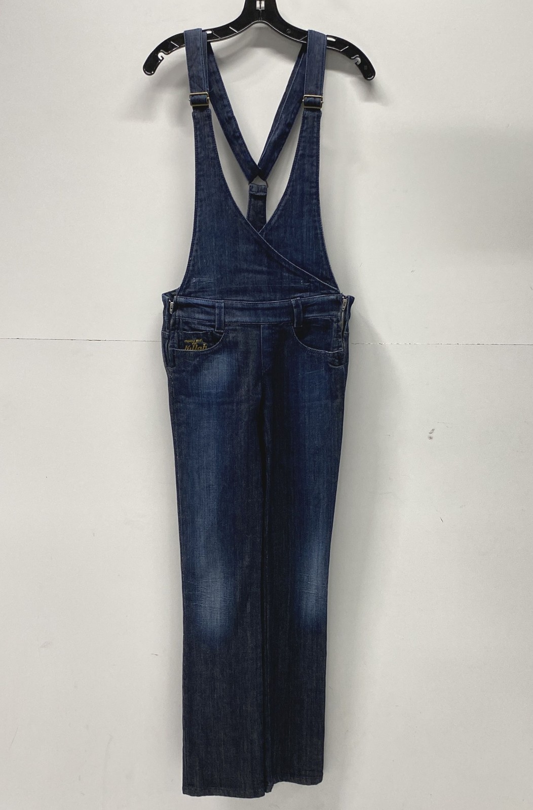 Vintage Y2K Killah Women’s Dark Wash Blue Denim Crossover Bib Overalls Size 28