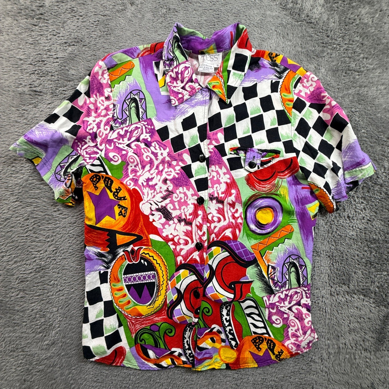 Tess Button Up Shirt Womens 8 Colorful Funky Vintage Boho Psychedelic Rayon