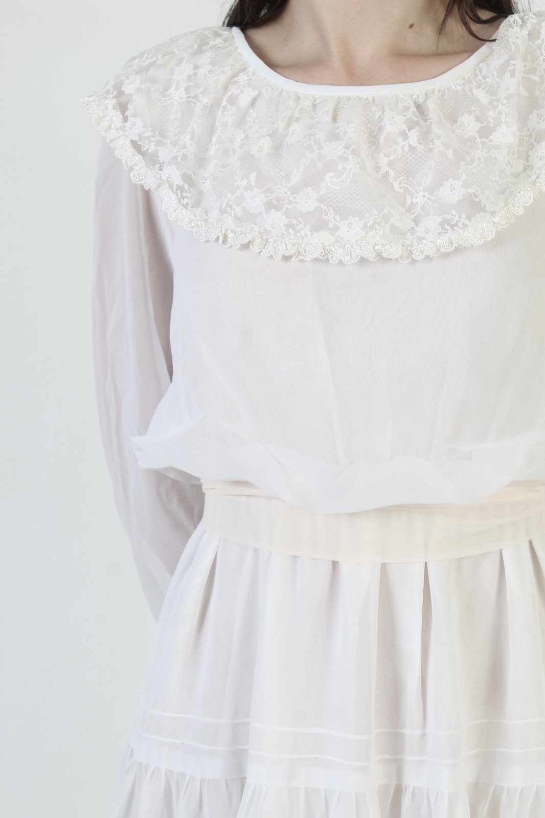 Vtg 70s White Victorian Dress Sheer Lace Boho Prairie Monochrome Wedding Gown