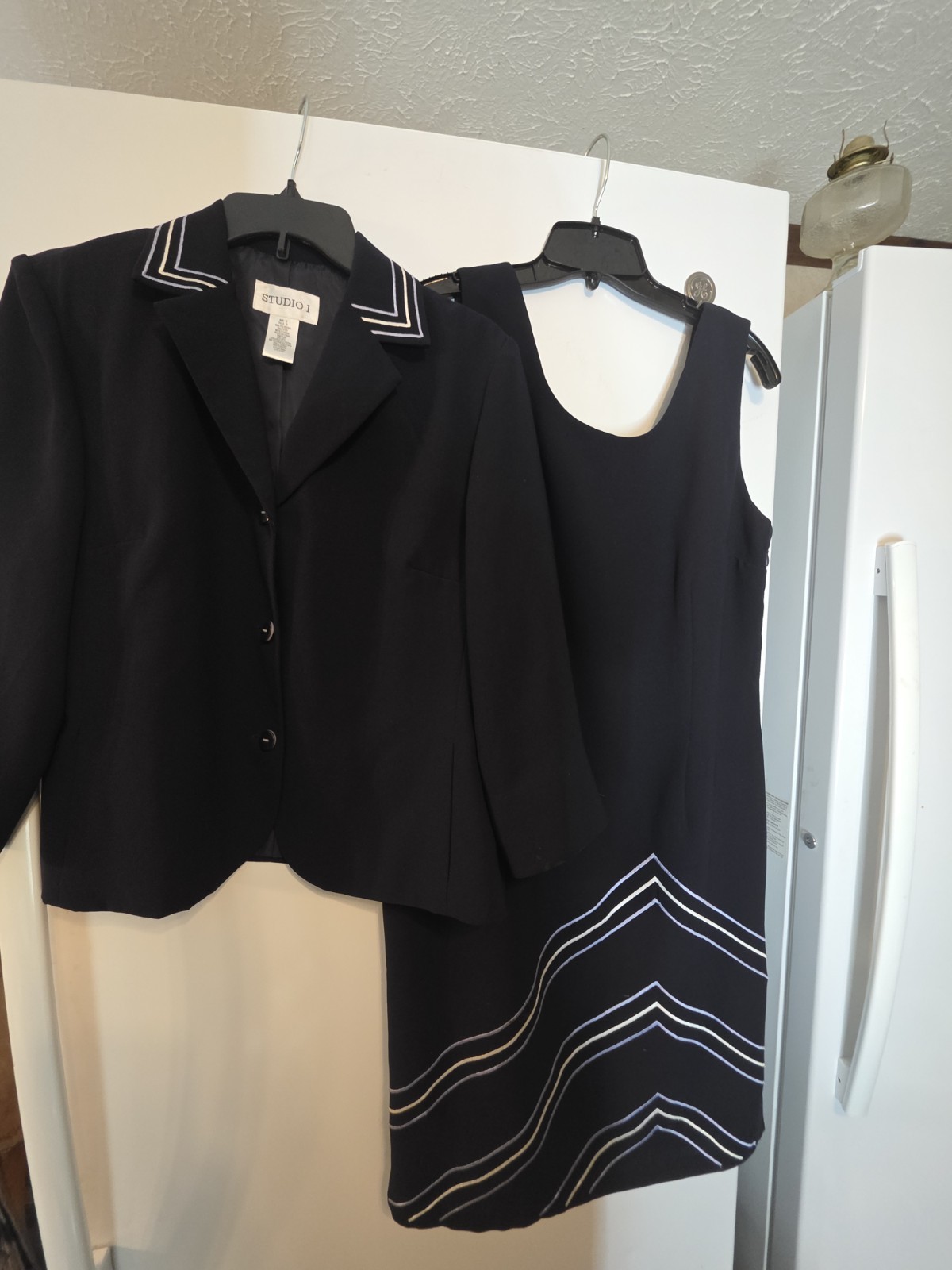 Vintage Studio I 2 Pc Dress Jacket Set 12 Navy Blue Chevron Y2K 90s Career Suit