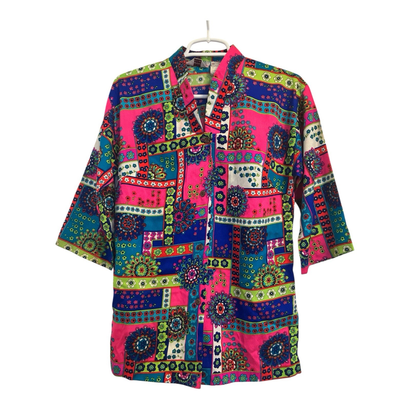 Vintage 70s Hawaiian Togs Psychedelic Patchwork Top Hawaii Sz 12 Fits XS-S