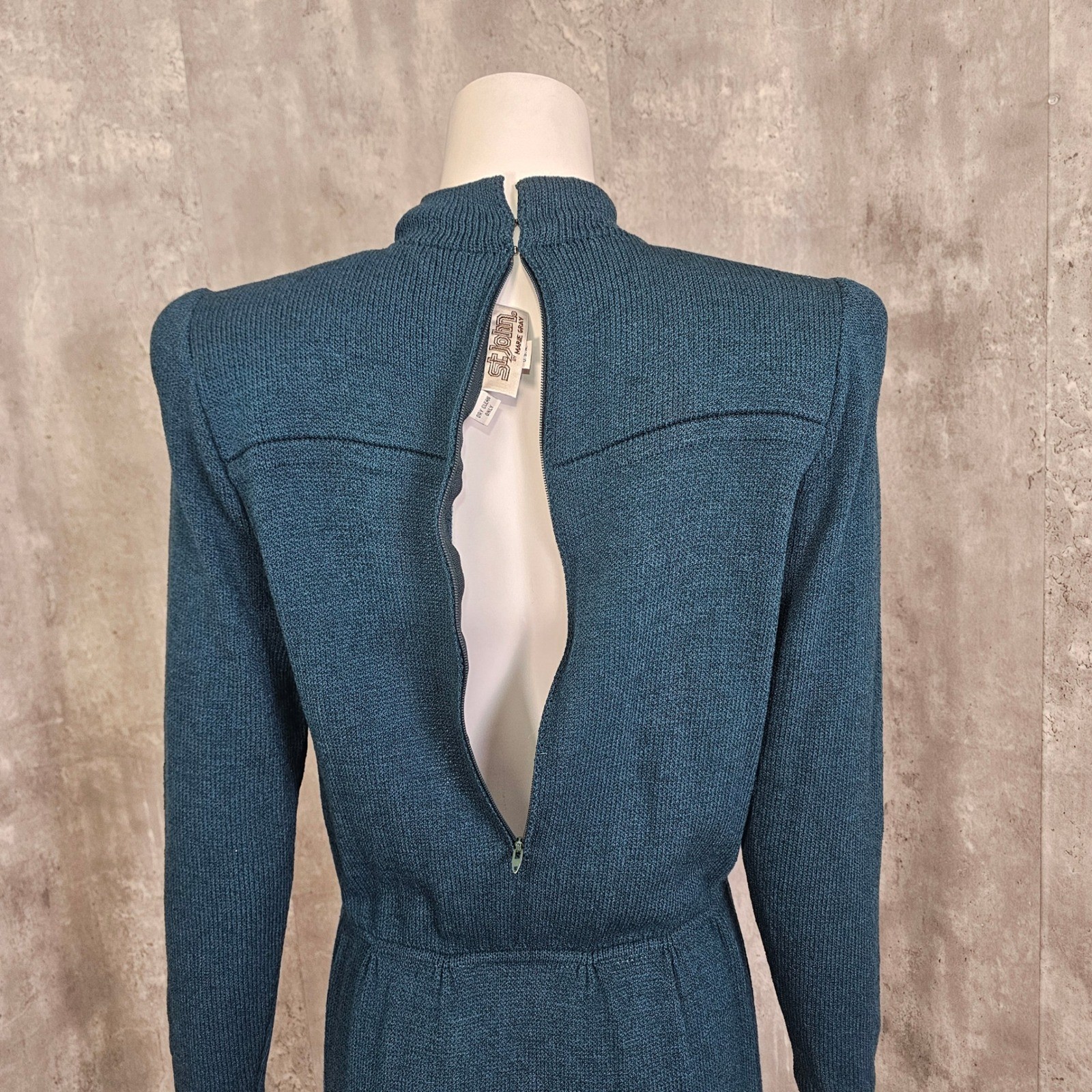 Vintage St John Marie Gray Knit Dress Teal Green Mock Neck 80s 90s FLAWED AS IS