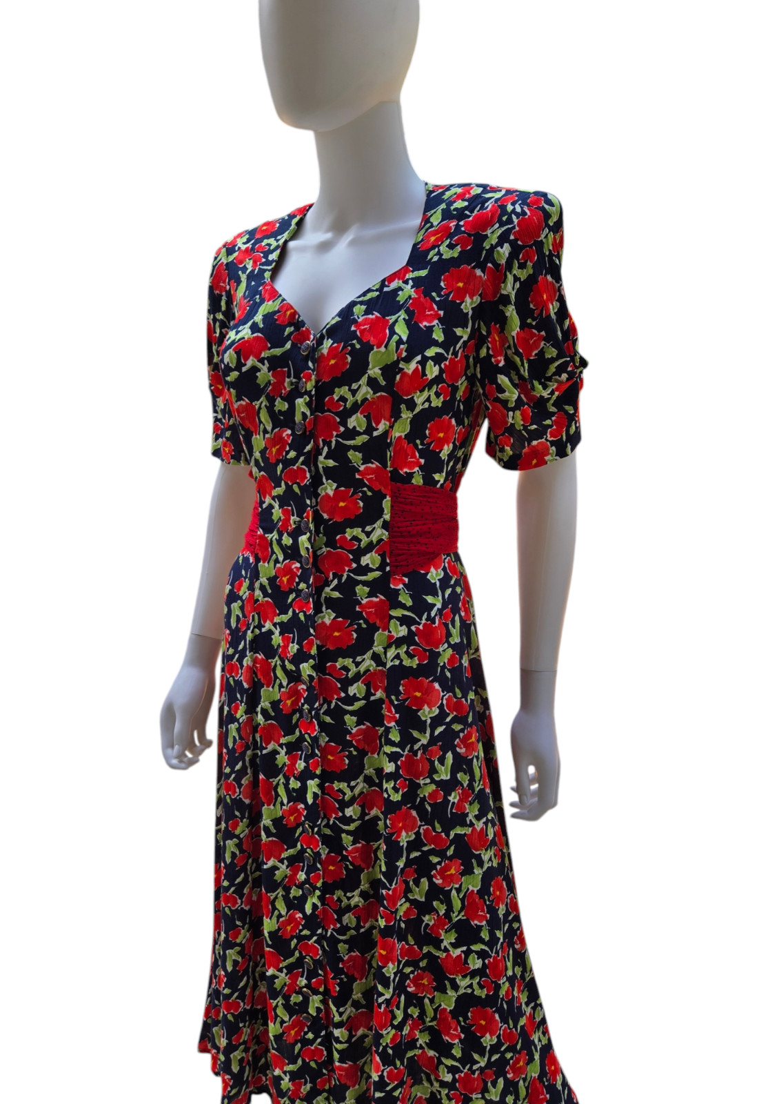 VTG 80s Does 40s Carole Little Rayon Gauze Red White Blue Floral Print Dress S M