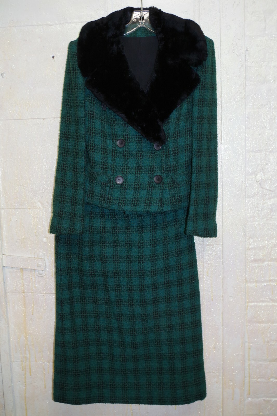 36 Rafi NY WINTER SUIT Midi Skirt & Jacket Green &Black Chenille Wool Tweed Fur