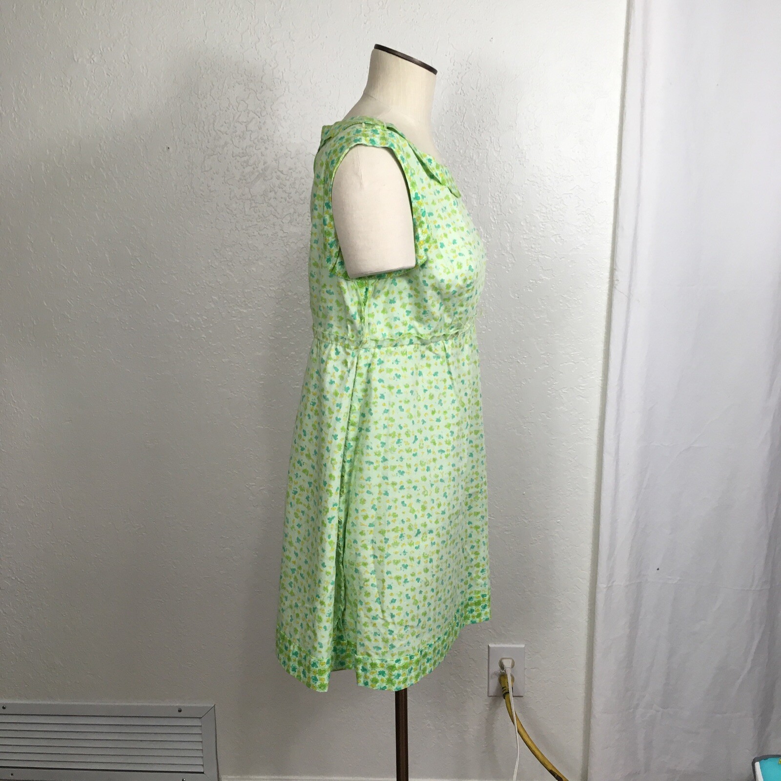 Vintage 1970 Handmade Dress Green Yellow Floral Ribbon Waistband Sleeveless 12