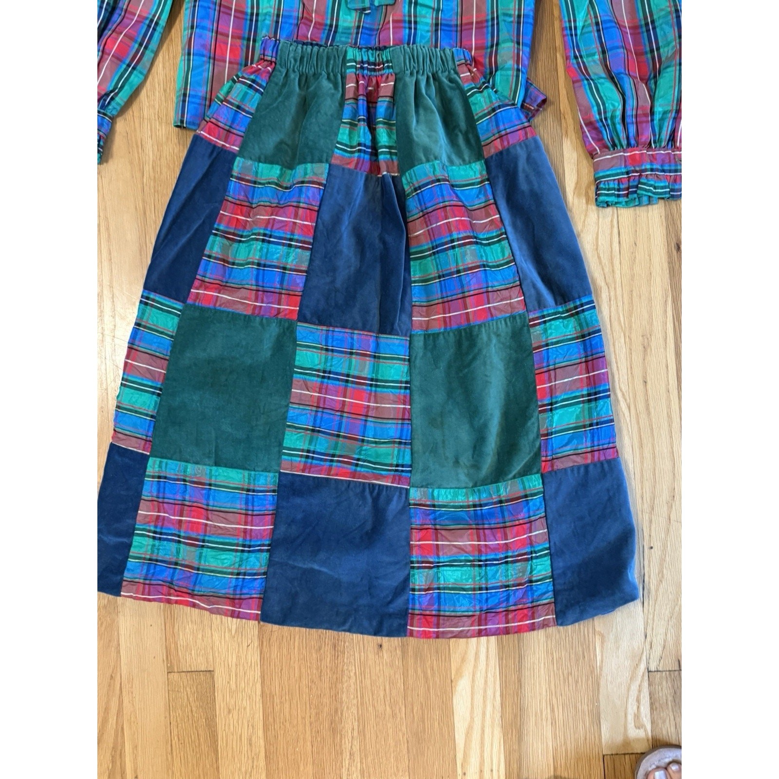 VTG 70’s Patchwork Plaid Christmas Midi Skirt Blouse Matching Set S preppy