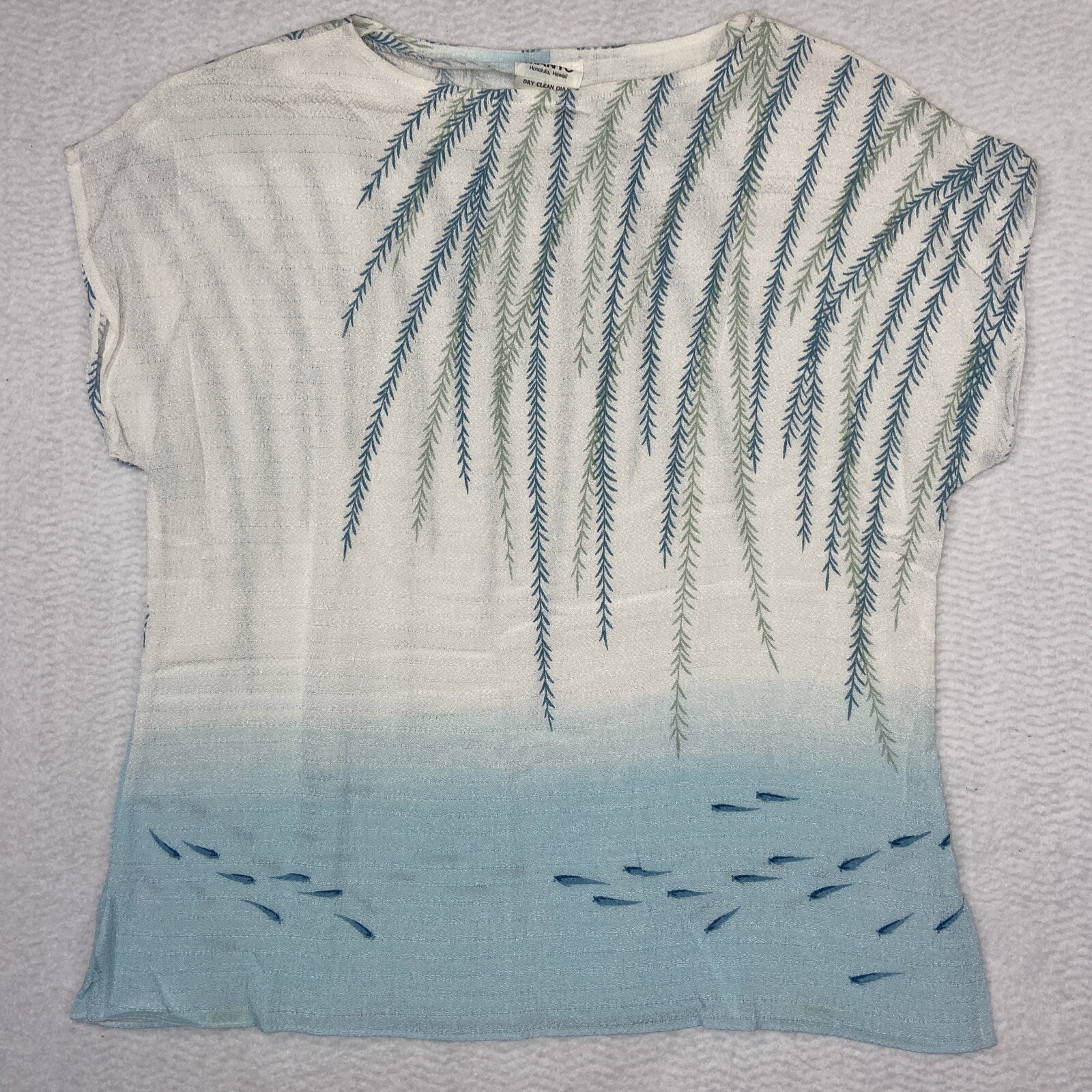 Manyo Hawaii Shirt Top Vintage Womens Large Palm Fish Blue Green Made In Hawaii