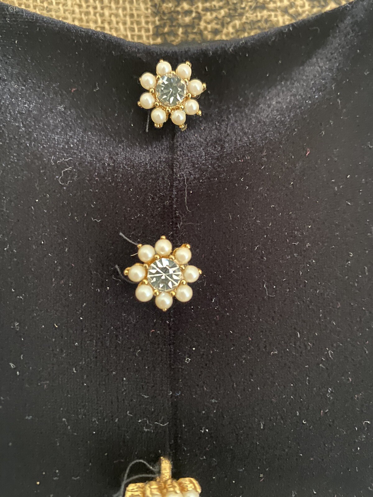 Vintage Filigree LTD Black Velvet Dress Pearl & Rhinestone Flower Buttons Sz 18