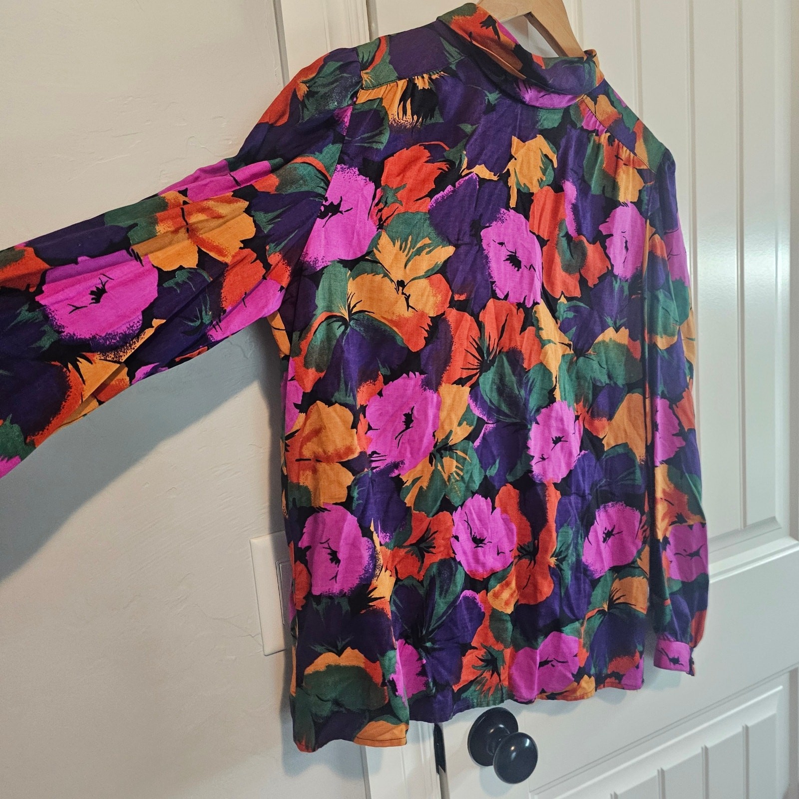 Vintage 80s Floral Blouse Women Large Purple Glam Career Mock Neck Boho Retro