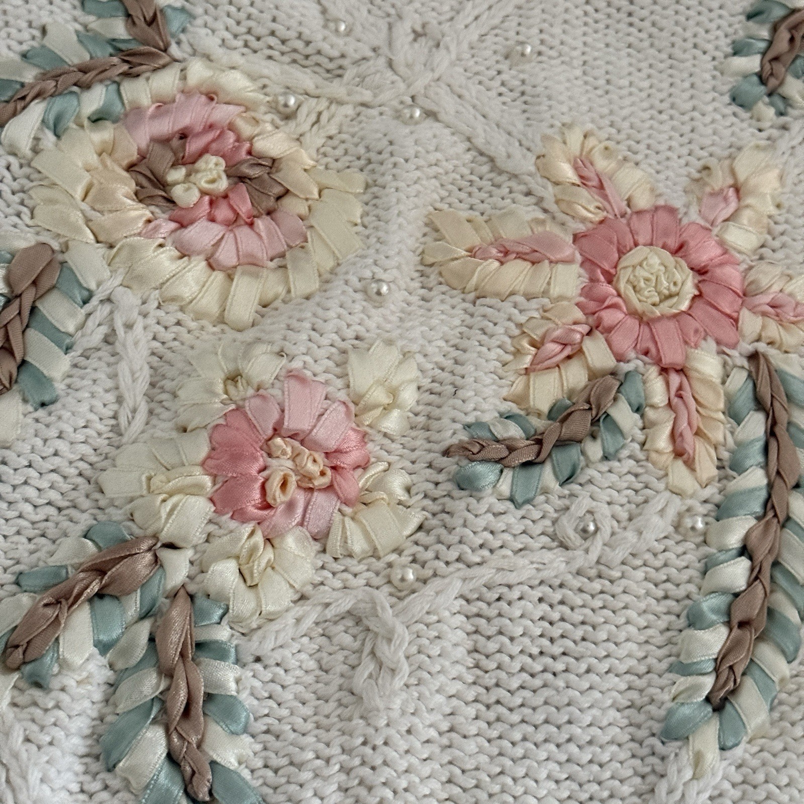 Vtg 80s 90s Cream Knit Floral Ribbon Embroidery Sweater Sz L Coquette Cottagecor