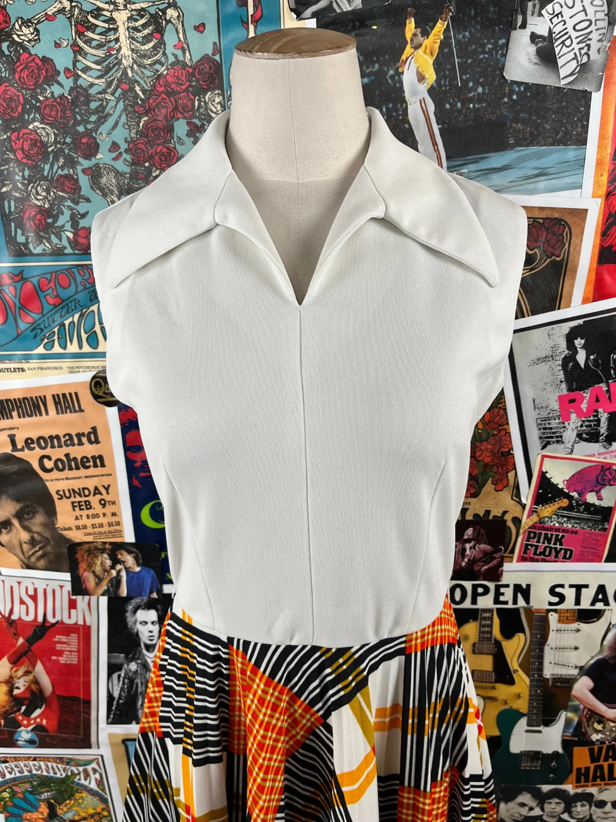 Vtg 60s 70s Plaid Shirtwaist Fit Flare Collar V-Neck Dress XS Preppy Mod Act III