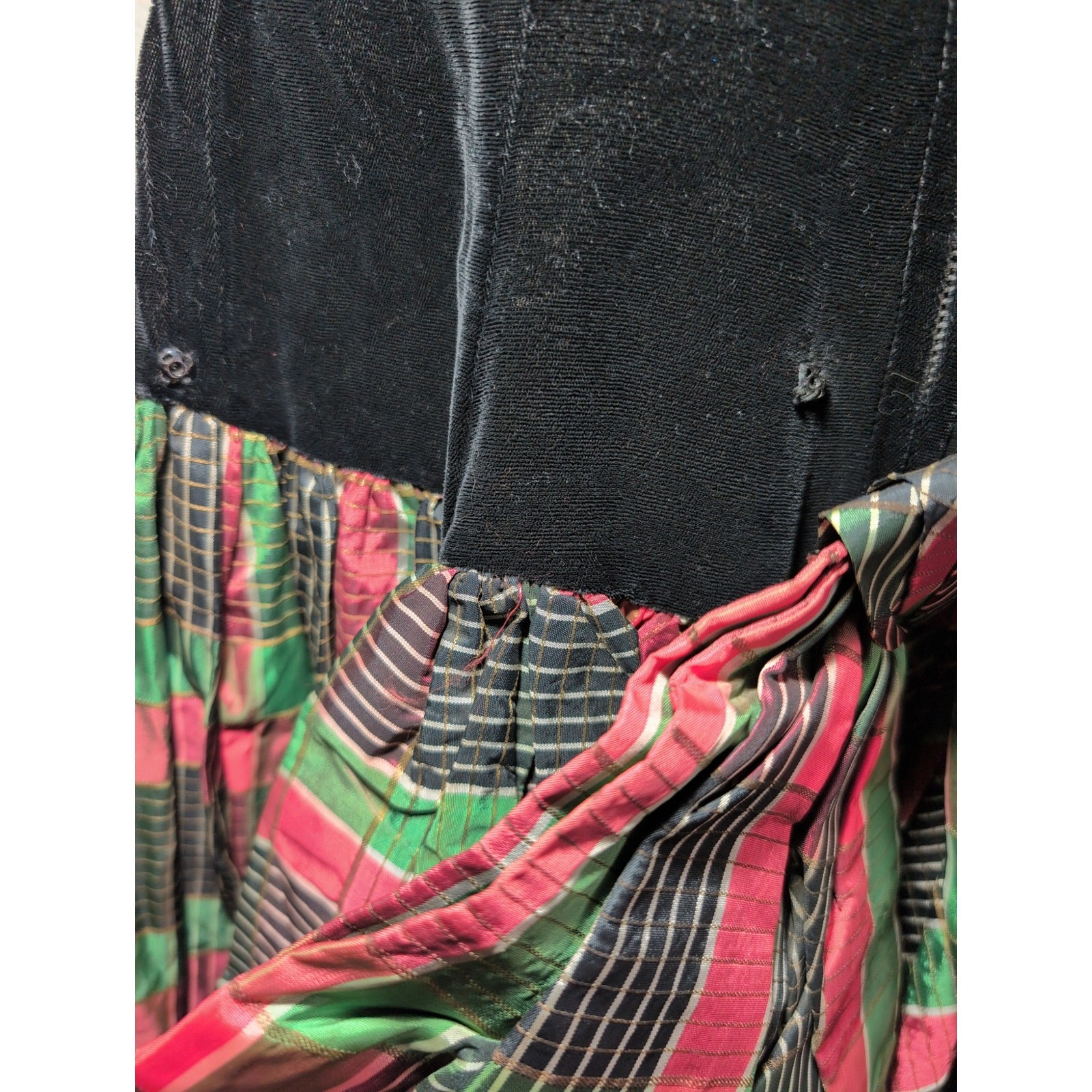 Vintage Party Lines by Domb Black Velvet Green/Pink Taffeta Dress Ball gown XXS