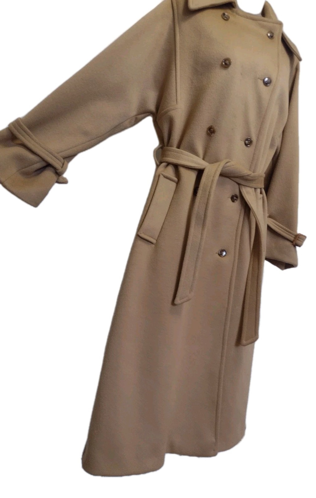 Vintage Stevens Forstmann Wool Long Coat Camel Belted USA ILGWU Quiet Luxury L