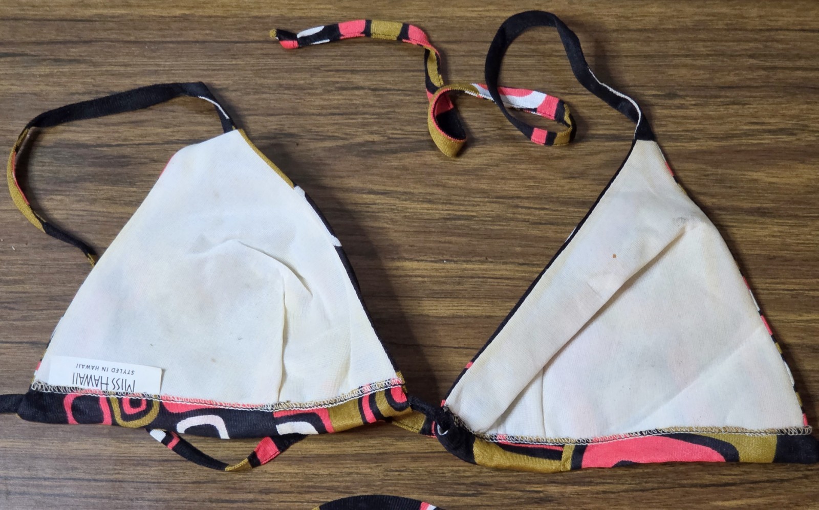 Vintage Miss Hawaii Mod Geometric Triangle Bikini Set Black Pink 60s 70s Retro