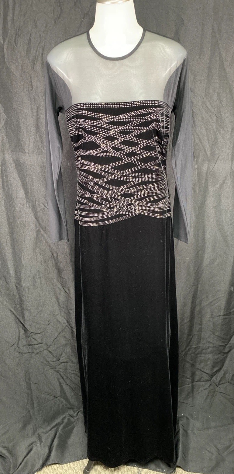 Vintage Tadashi Shoji Long Black Dress Large (Estimated) Mesh Long Sleeve Velvet