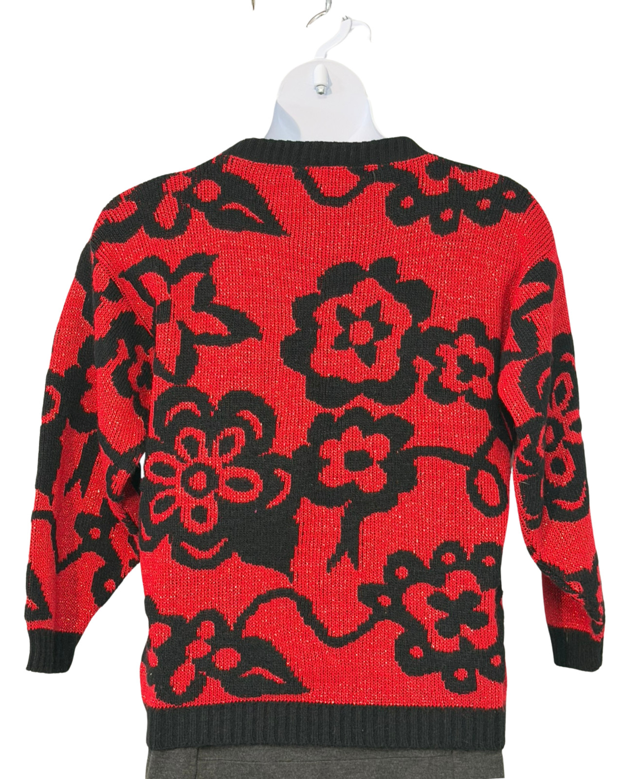 Vtg 80s Jolie Sz M-L Dropped Shoulder Sweater Acrylic-Lurex Knit Red & Black