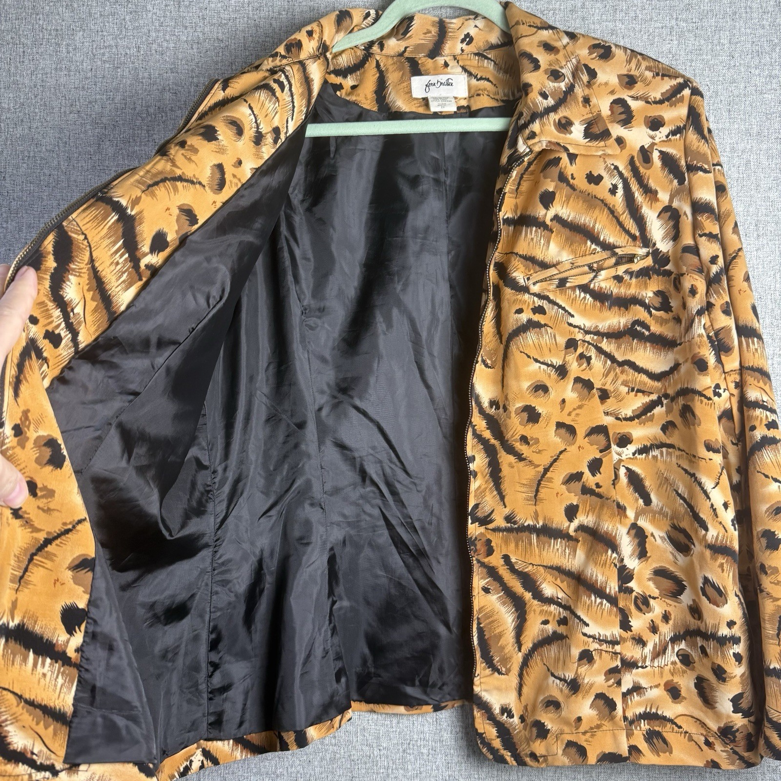 Vintage 90s Fern Bratten Bomber Jacket Leopard Animal Print Black Brown XL/2XL